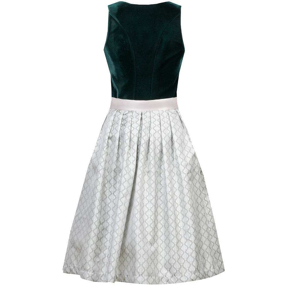 Elegantes Dirndl mit schlichtem Samtmieder in smaragdgrün und Reißverschluss sowie Schließe am Ausschnitt. Der Rock zeigt ein Ornamentenmuster und ist farblich abgestimmt mit der passenden Schürze.