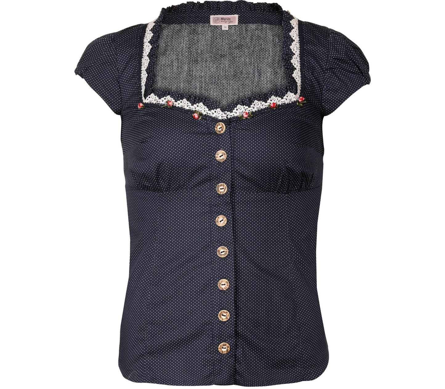 Dunkelblaue Bluse mit angeschnittenen Ärmeln und weißem Polkadot-Muster, verziert mit feiner Spitze und kleinen Röschen am Ausschnitt sowie einer dezenten Schnürung im Rücken.