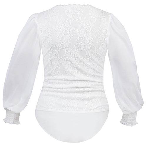 Eleganter Body mit V-Ausschnitt aus blickdichter Spitze am Vorderteil und transparenten Ärmeln, präsentiert in einem hellen ecru Farbton.