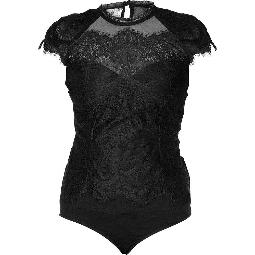 Schwarzer eleganter Body aus zartem Tüll mit angeschnittenen Ärmeln, transparentem Spitzen-Dekolleté, kleinem Stehkragen und Knopfverschluss am Rücken.