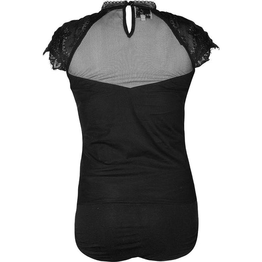 Schwarzer eleganter Body aus zartem Tüll mit angeschnittenen Ärmeln, transparentem Spitzen-Dekolleté, kleinem Stehkragen und Knopfverschluss am Rücken.