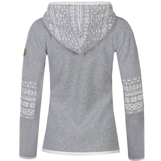 Damen-Strickfleecejacke in Grau und Weiß mit traditionellem Muster an Kapuze und Ellbogen, sportivem Schnitt und zwei Eingriffstaschen.
