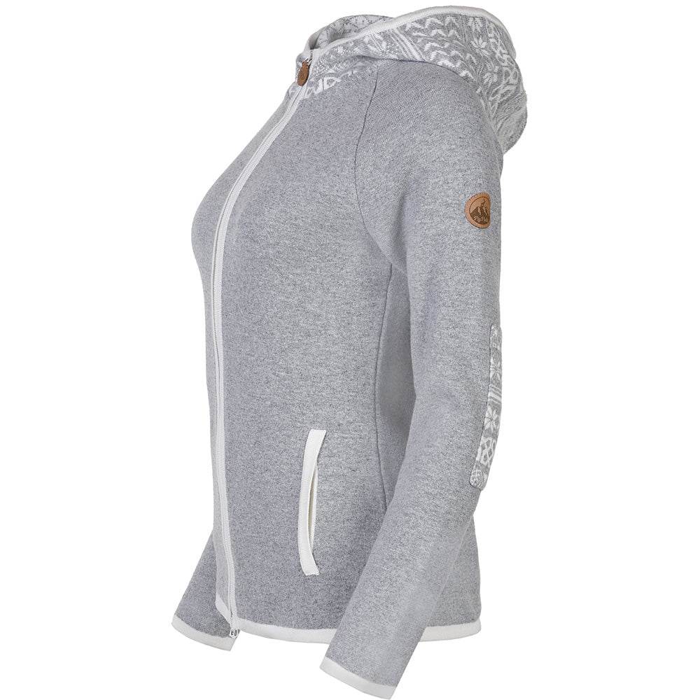Damen-Strickfleecejacke in Grau und Weiß mit traditionellem Muster an Kapuze und Ellbogen, sportivem Schnitt und zwei Eingriffstaschen.