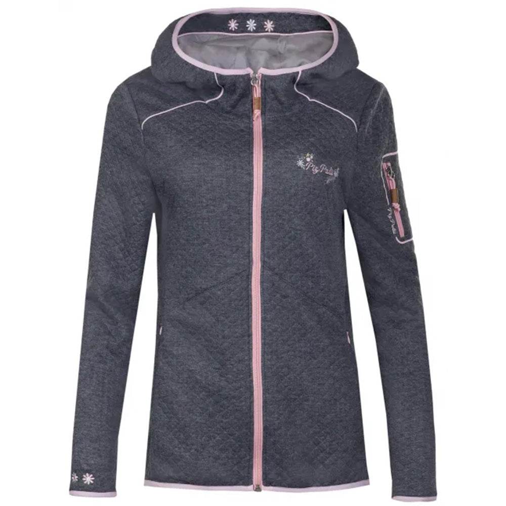 Damen-Kapuzenjacke in Grau und Perlrosa mit feiner Rautensteppung, aufgestickten Blumen, farbigen Akzenten an Reißverschlüssen, elastischen Abschlüssen sowie verschließbaren Seitentaschen und Ärmeltasche mit Zipper.