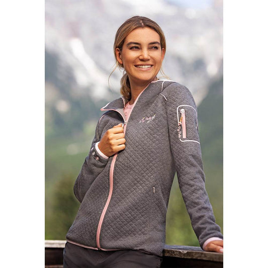 Damen-Kapuzenjacke in Grau und Perlrosa mit feiner Rautensteppung, aufgestickten Blumen, farbigen Akzenten an Reißverschlüssen, elastischen Abschlüssen sowie verschließbaren Seitentaschen und Ärmeltasche mit Zipper.