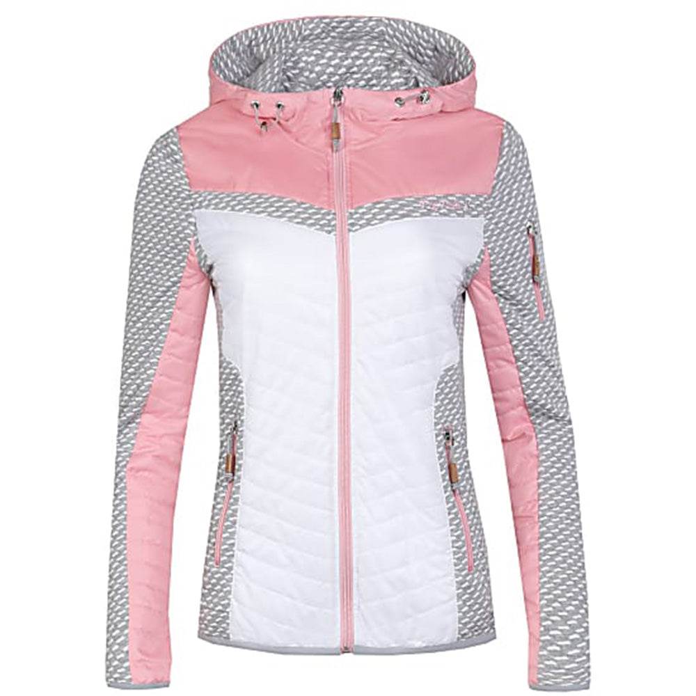 Leichte Damen-Kapuzenjacke in Grau, Rosa und Weiß mit Reißverschlusstaschen vorne und am Ärmel, sowie elastischen Einsätzen an Seiten und Ärmeln für hohe Bewegungsfreiheit.