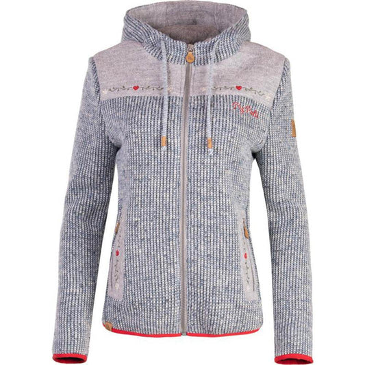 hellblaue Damen-Kapuzenjacke Eslarn mit alpenländischen Stickereien, Vichykaro-Akzenten und zwei Reißverschlusstaschen.