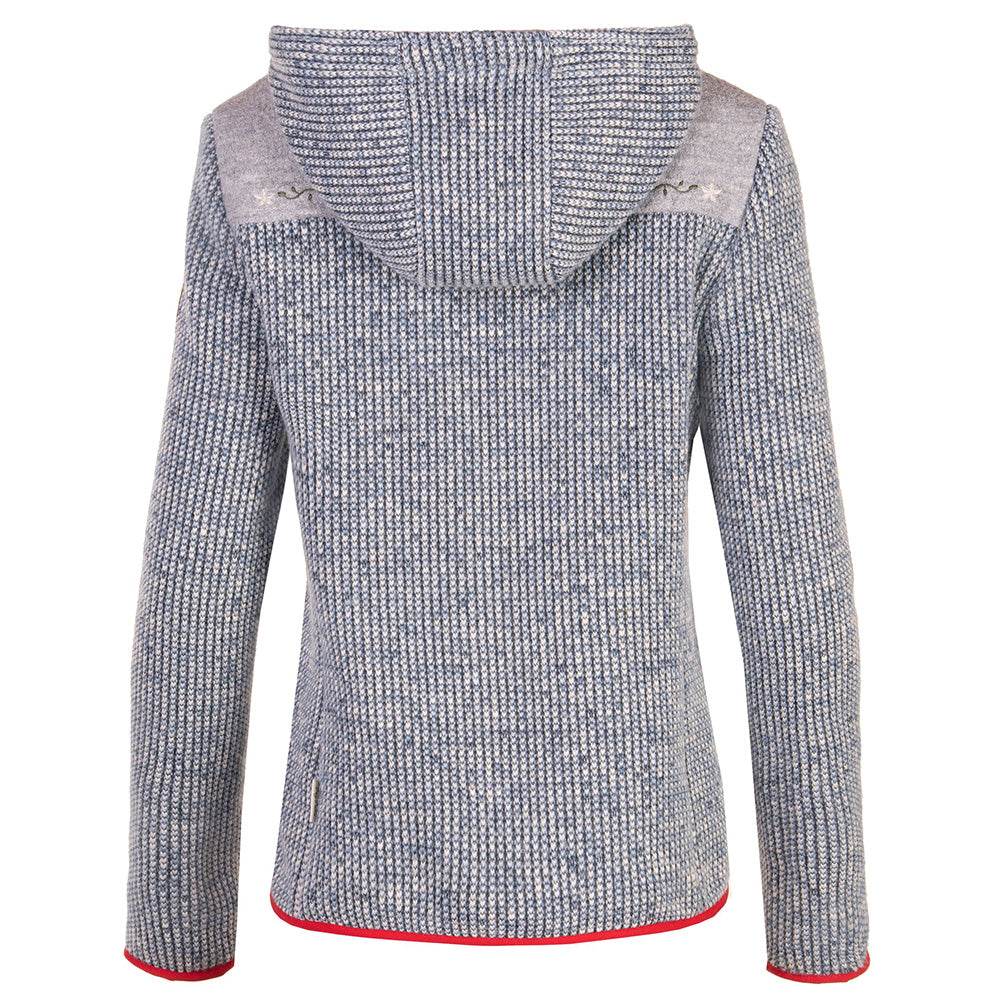 hellblaue Damen-Kapuzenjacke Eslarn mit alpenländischen Stickereien, Vichykaro-Akzenten und zwei Reißverschlusstaschen.