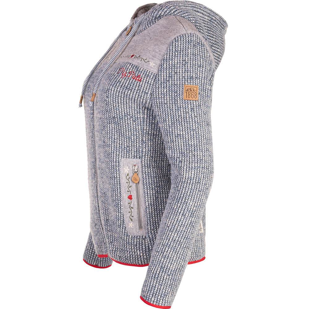 hellblaue Damen-Kapuzenjacke Eslarn mit alpenländischen Stickereien, Vichykaro-Akzenten und zwei Reißverschlusstaschen.