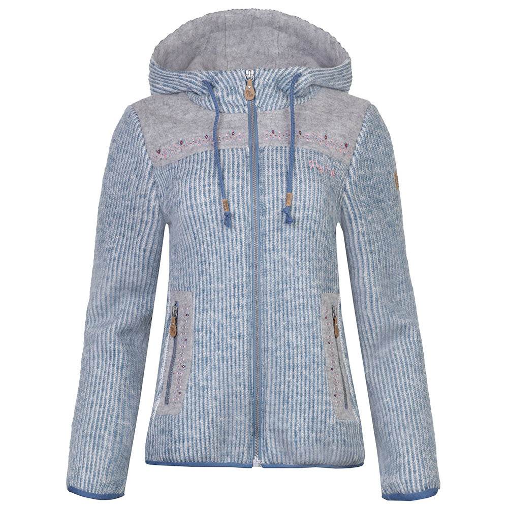 Damen Strickfleecejacke Falkenberg mit Kapuze, verspielten Stickereien vorn und hinten sowie elastischen Abschlüssen für guten Sitz.