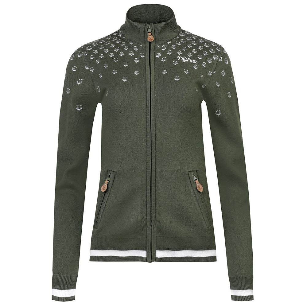 Damen Strickjacke Hartenstein in moosgrün mit Stehkragen, Reißverschluss, zwei Zippertaschen und feinem Muster an Bündchen.