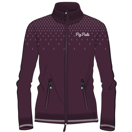Damen Strickjacke Hartenstein in Traube mit Stehkragen, Reißverschluss, zwei Zippertaschen und feinem Muster an Bündchen.