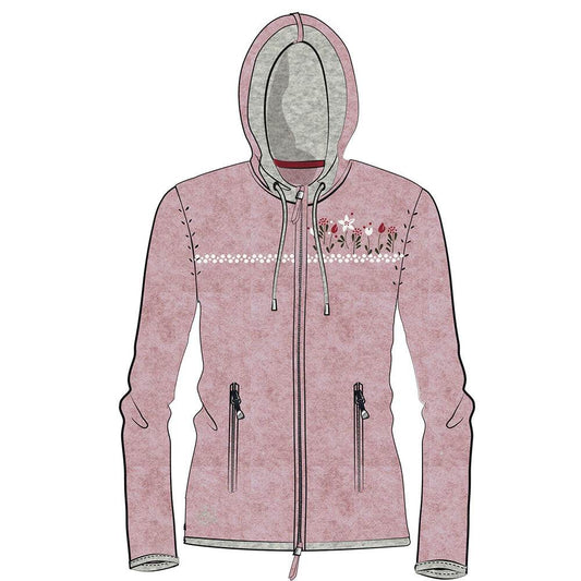 Damen Strickjacke Heldenstein in malve mit Kapuze, Kordelzug, verdecktem Frontreißverschluss, zwei Reißverschlusstaschen und kontrastfarbigen Bündchen.