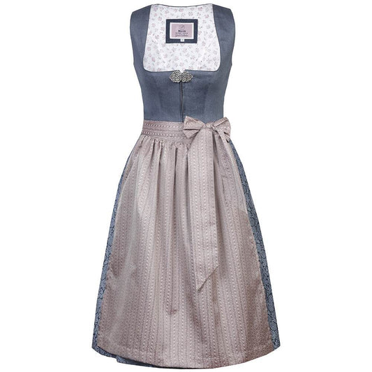 Traditionelles Dirndl mit dunkelblauem, unifarbenem Mieder, geblümtem Rock und schimmernder beige-roséfarbener Schürze.