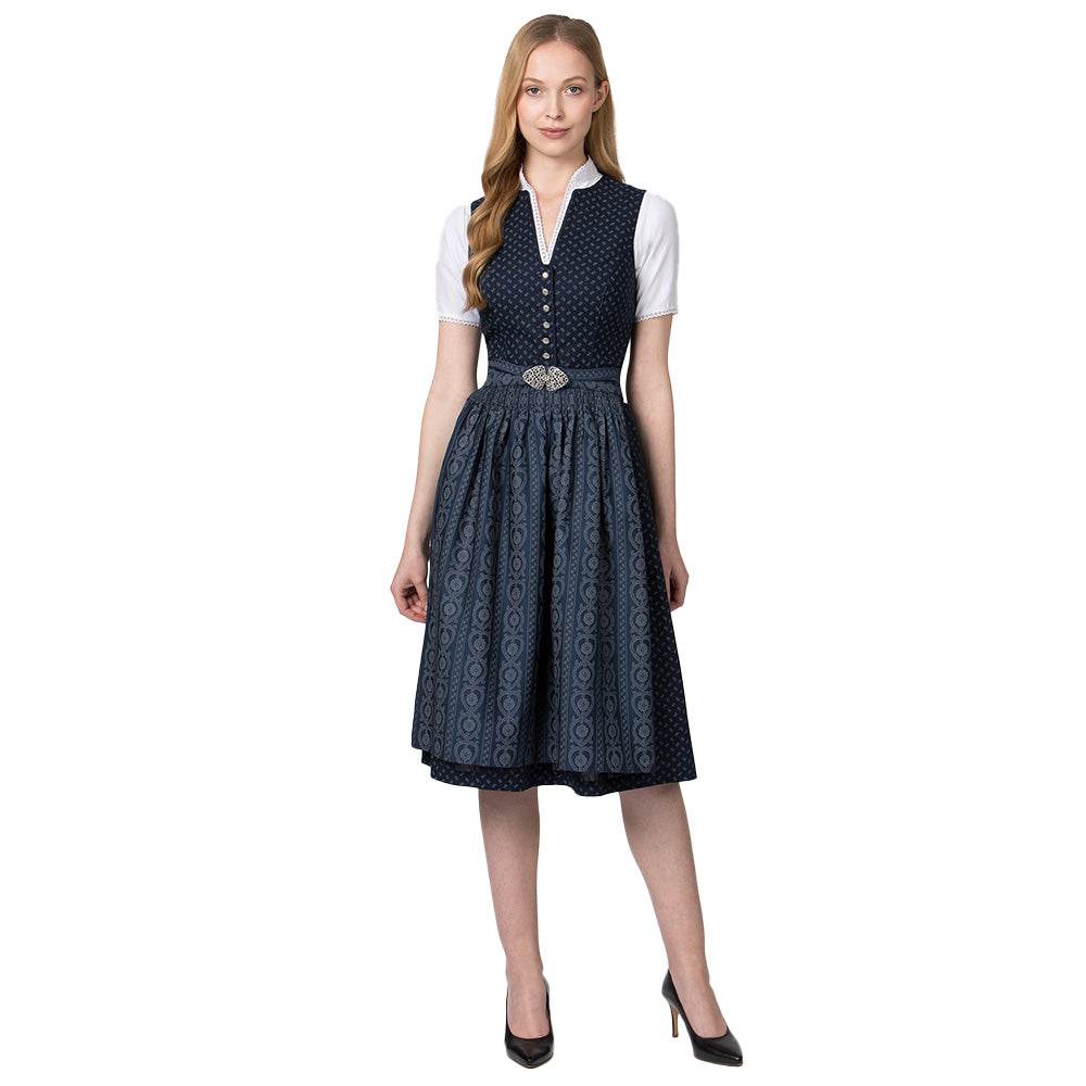 Dunkelblaues klassisches Dirndl mit hochgeschlossenem Schnitt, V-Ausschnitt mit dekorativen Knöpfen und Schürze mit modischer Metallschließe, elegant und liebevoll gestaltet.