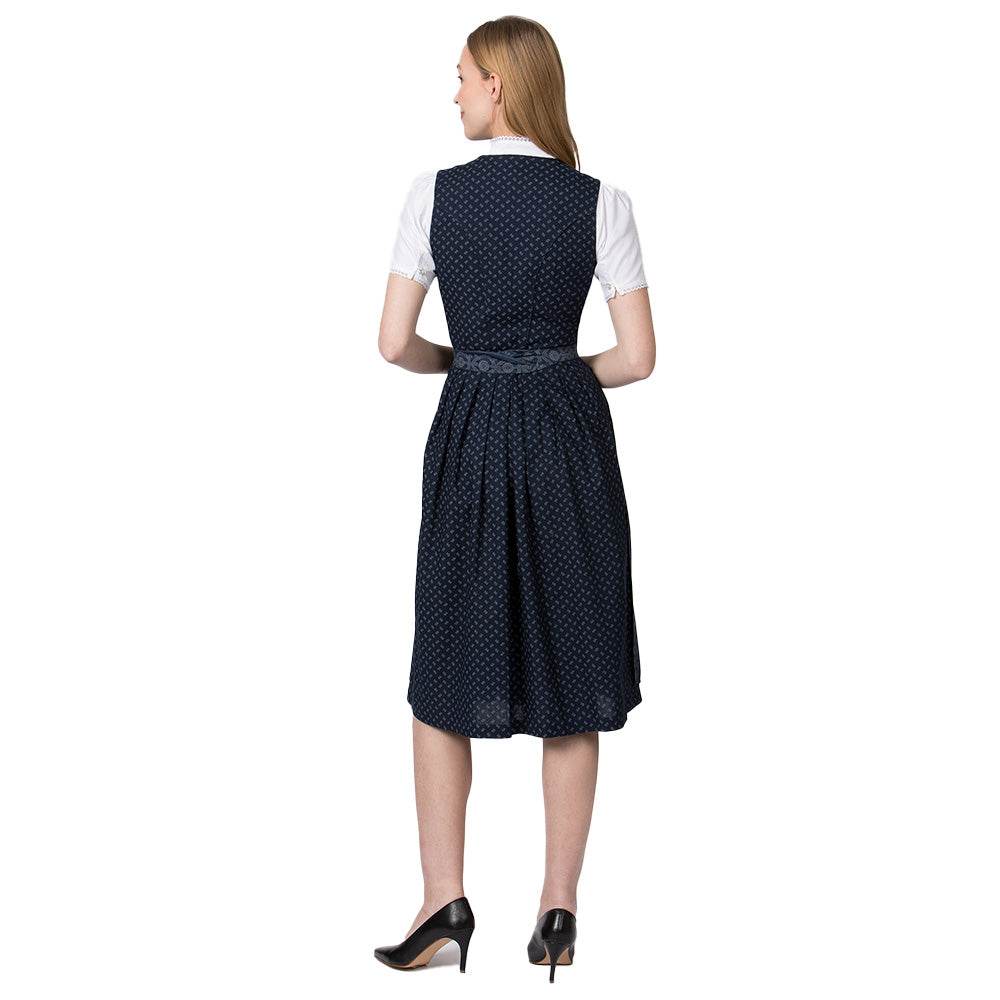 Dunkelblaues klassisches Dirndl mit hochgeschlossenem Schnitt, V-Ausschnitt mit dekorativen Knöpfen und Schürze mit modischer Metallschließe, elegant und liebevoll gestaltet.