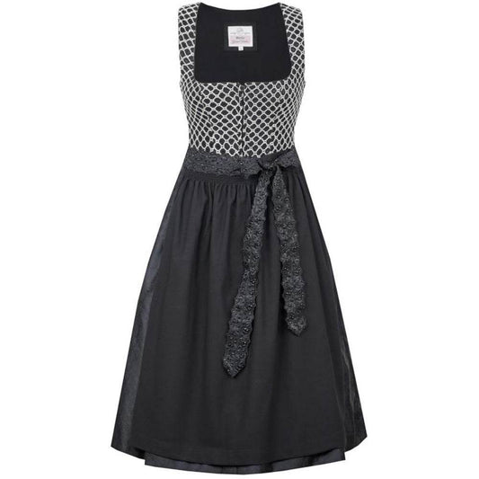 Zweiteiliges Dirndl in schwarz-creme mit Jacquard-Mieder im Rautenmuster, gepaspelten Ausschnitten und Reißverschluss vorne. Schwarzer Rock mit feinem Ornamentmuster, schwarze geraffte Schürze mit perlenverziertem Band und zwei verschließbaren Reißverschlusstaschen.