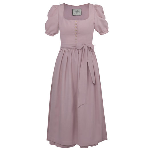 Verspieltes Dirndl in Flamingo-Rosa mit Puffärmeln, geradem Ausschnitt und Knopfleiste. Die passende Schürze ist mit einer Schleife gebunden, das Modell reicht bis knapp über das Knie.