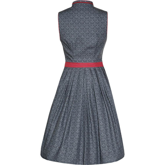 Klassisches Dirndl mit dezentem Muster, V-Ausschnitt mit schlanker Borte und kurzem Stehkragen, Knopfleiste mit herzförmigen Knöpfen sowie Schürze mit Schließe in Blau und Bordeaux.