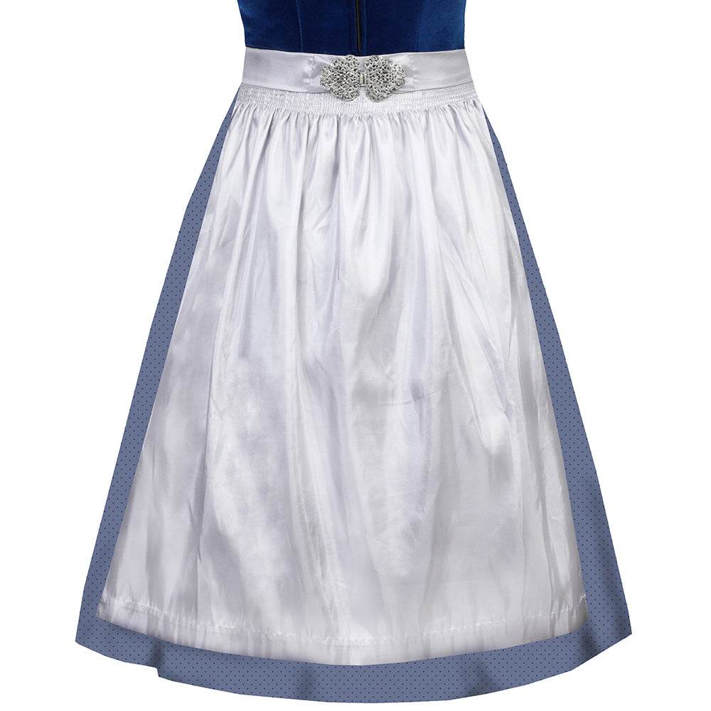 Hochwertiges Dirndl mit schlichtem Samtmieder in saphirblau und Reißverschluss mit Herzanhänger. Der Rock zeigt ein zartes Pünktchenmuster, die silberne Schürze ist mit einer dekorativen Schließe versehen.