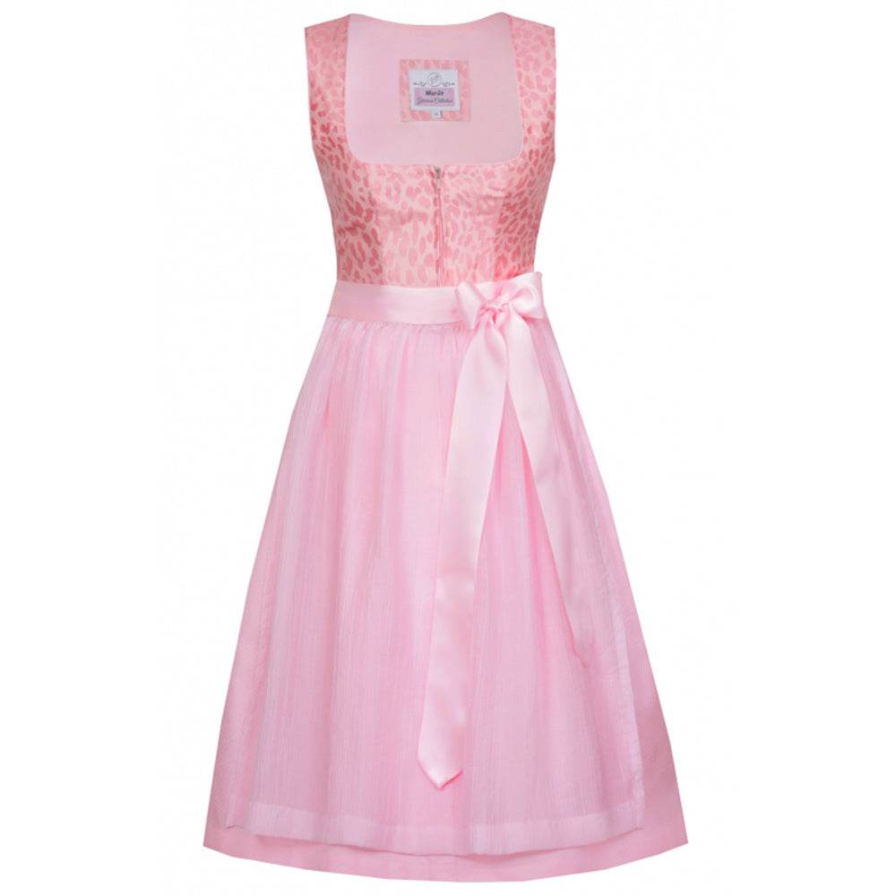 Zweiteiliges Dirndl mit stylischem Leo-Muster in sanften Farbtönen Zitrone, Rosa und Flieder. Der gerade Ausschnitt mit Reißverschluss in der vorderen Mitte und der moderne Schnitt ohne Miederschnürung verleihen dem Dirndl einen trendigen Look. Die farblich abgestimmte Schürze ergänzt das Outfit elegant.