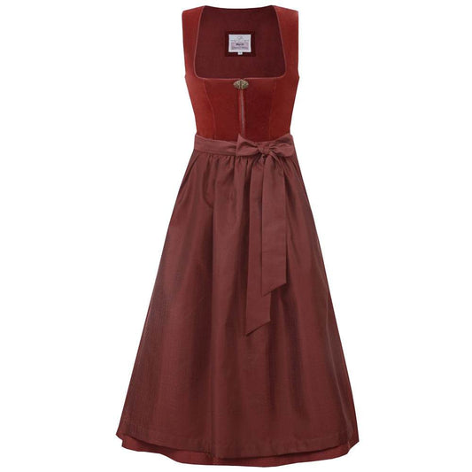 Elegantes zweiteiliges Dirndl in warmem sienaton mit samtigem Mieder, das einen Reißverschluss und eine dekorative Schließe zeigt. Die Schürze und der Rock sind farblich harmonisch abgestimmt und runden das stilvolle Gesamtbild ab.