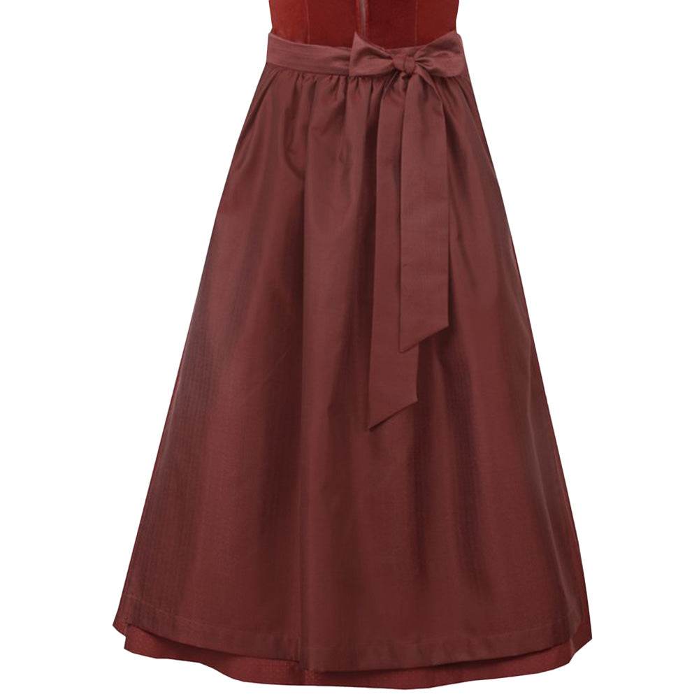 Elegantes zweiteiliges Dirndl in warmem sienaton mit samtigem Mieder, das einen Reißverschluss und eine dekorative Schließe zeigt. Die Schürze und der Rock sind farblich harmonisch abgestimmt und runden das stilvolle Gesamtbild ab.