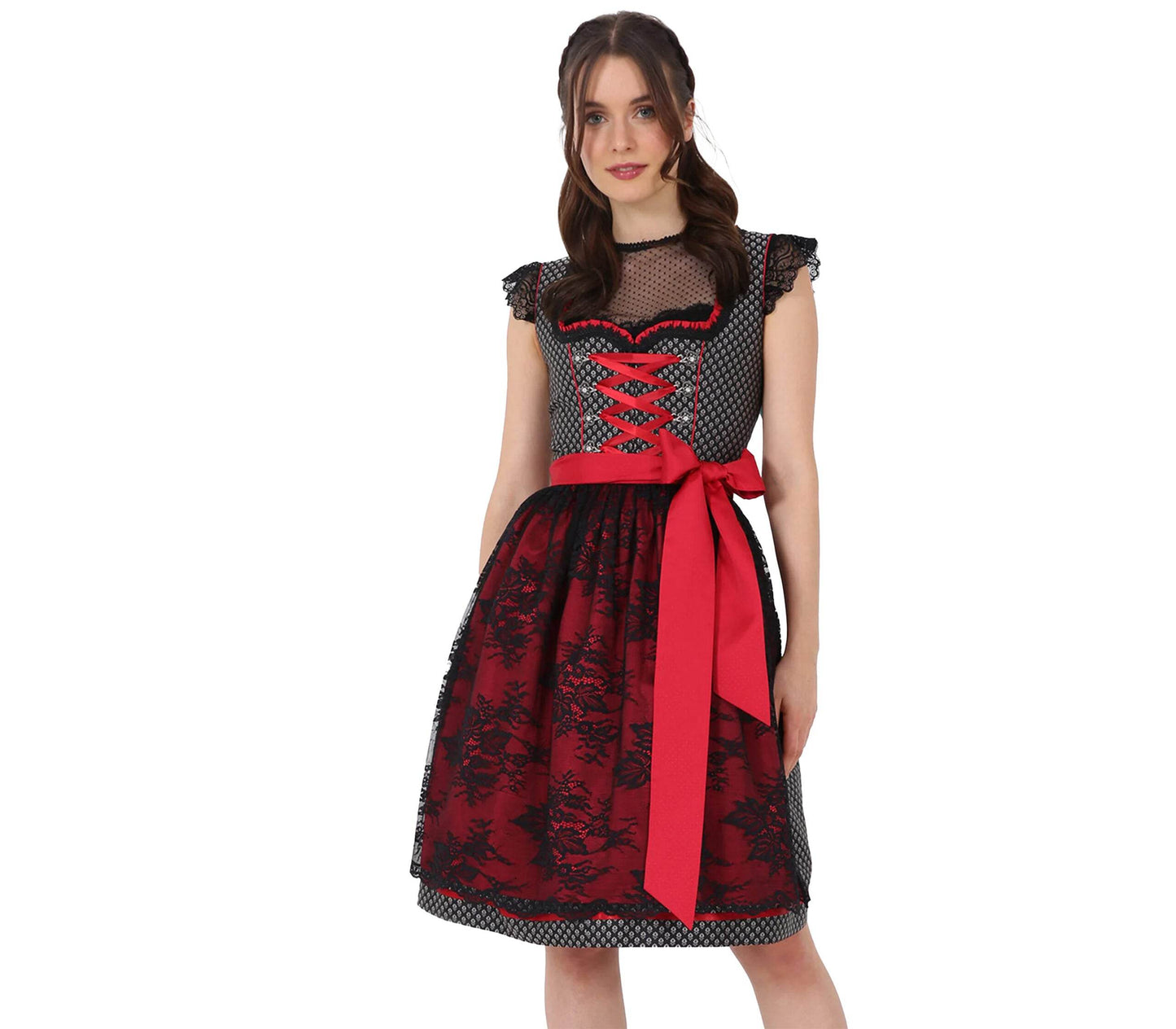 Elegantes Dirndl mit herzförmigem Mieder, mittigem Reißverschluss und passender Schnürung, einheitlichem Muster und Spitzenschürze mit rotem Kontraststoff.