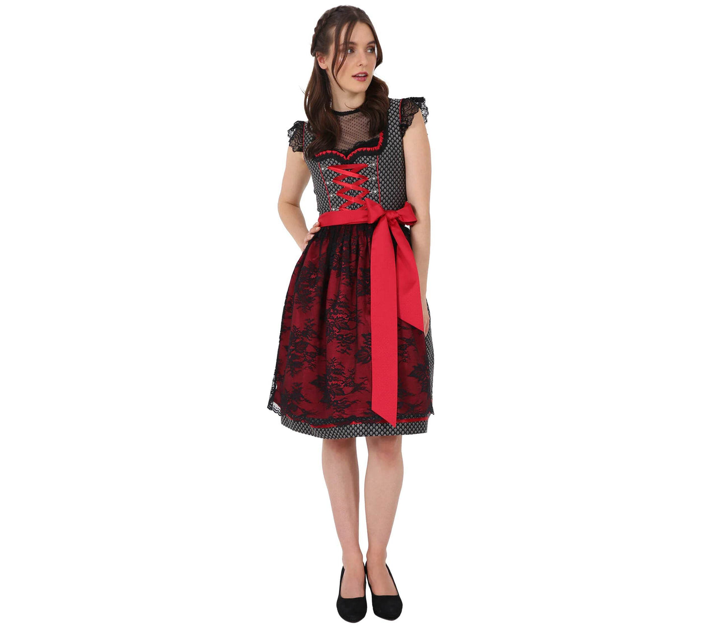Elegantes Dirndl mit herzförmigem Mieder, mittigem Reißverschluss und passender Schnürung, einheitlichem Muster und Spitzenschürze mit rotem Kontraststoff.