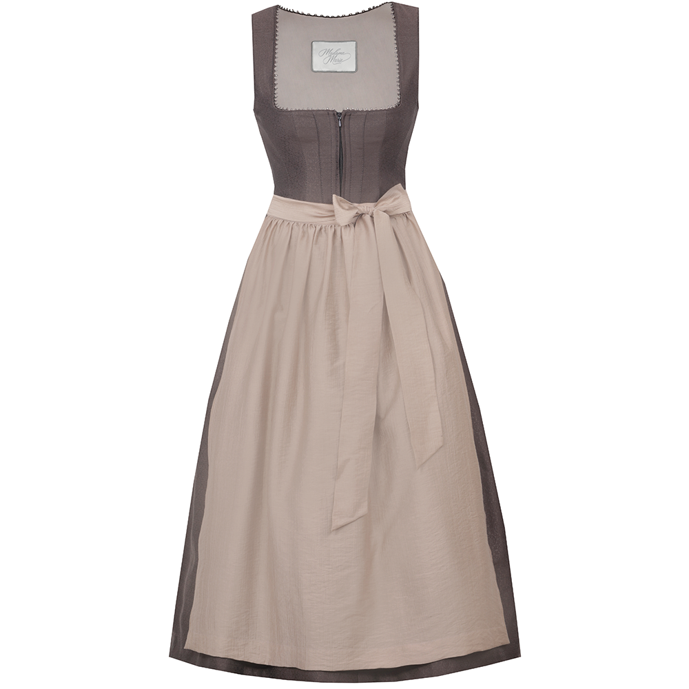 Elegantes Dirndl in Lakritz/Taupe mit schlichtem, musterlosem Mieder und vorderseitigem Reißverschluss. Die Ton-in-Ton gehaltene Schürze ist mit einer Schleife gebunden, das Dirndl reicht etwa bis zum Knie.