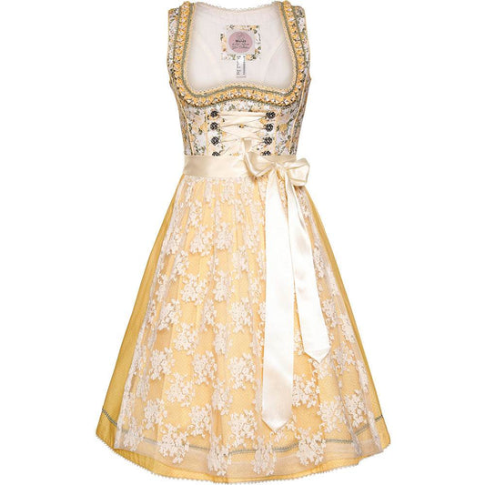 Verspieltes Dirndl in Gelb mit Blumenmuster am Mieder, Schnürung, verziertem Ausschnitt mit Froschgoscherl-Borte und feiner cremefarbener Spitzenschürze.