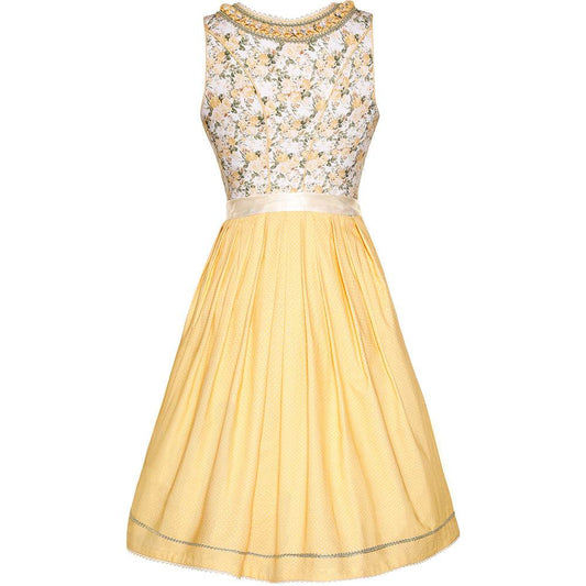 Verspieltes Dirndl in Gelb mit Blumenmuster am Mieder, Schnürung, verziertem Ausschnitt mit Froschgoscherl-Borte und feiner cremefarbener Spitzenschürze.