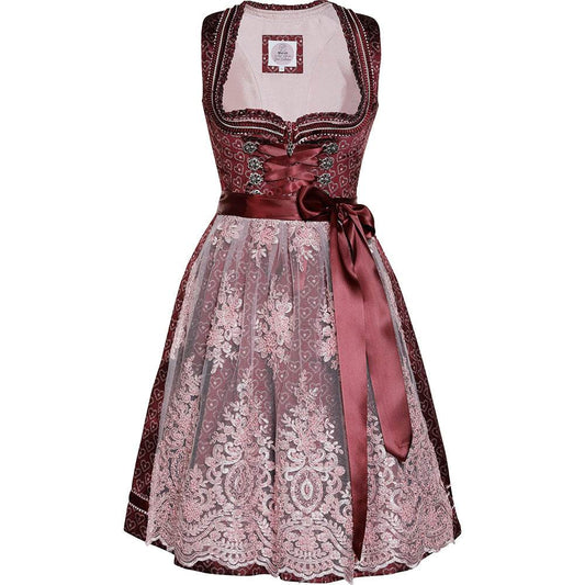 Modernes Dirndl in Beere mit Herzmuster, rosa Spitzen-Schürze, Mieder mit Reißverschluss, Schnürung und verziertem Ausschnitt.