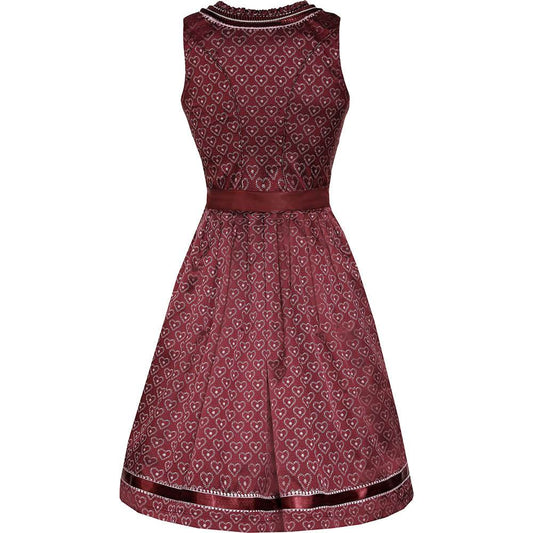 Modernes Dirndl in Beere mit Herzmuster, rosa Spitzen-Schürze, Mieder mit Reißverschluss, Schnürung und verziertem Ausschnitt.