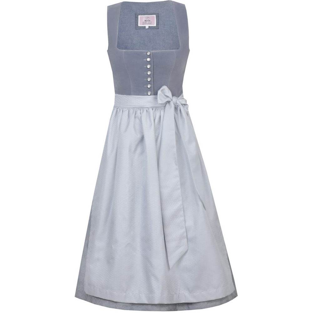 Elegantes Dirndl in hellblauem Denim-Look mit samtigem Mieder und einer Reihe Knöpfe in der vorderen Mitte. Dazu ein schlichter, farblich abgestimmter Rock und eine passende Schürze.