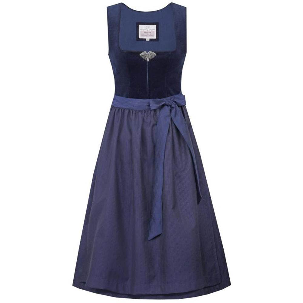 Elegantes marineblaues Dirndl mit Samtmieder, Schließe am Ausschnitt und Reißverschluss vorne, schlicht und klassisch gestaltet.