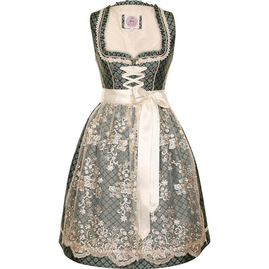 Modernes Dirndl in Smaragd mit Ornamentenmuster, cremefarbener Spitzenschürze, Mieder mit Reißverschluss, Schnürung und verziertem Ausschnitt.
