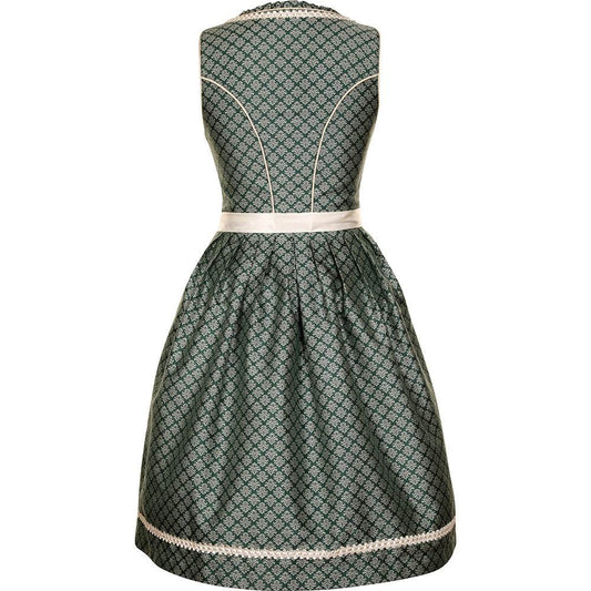 Modernes Dirndl in Smaragd mit Ornamentenmuster, cremefarbener Spitzenschürze, Mieder mit Reißverschluss, Schnürung und verziertem Ausschnitt.