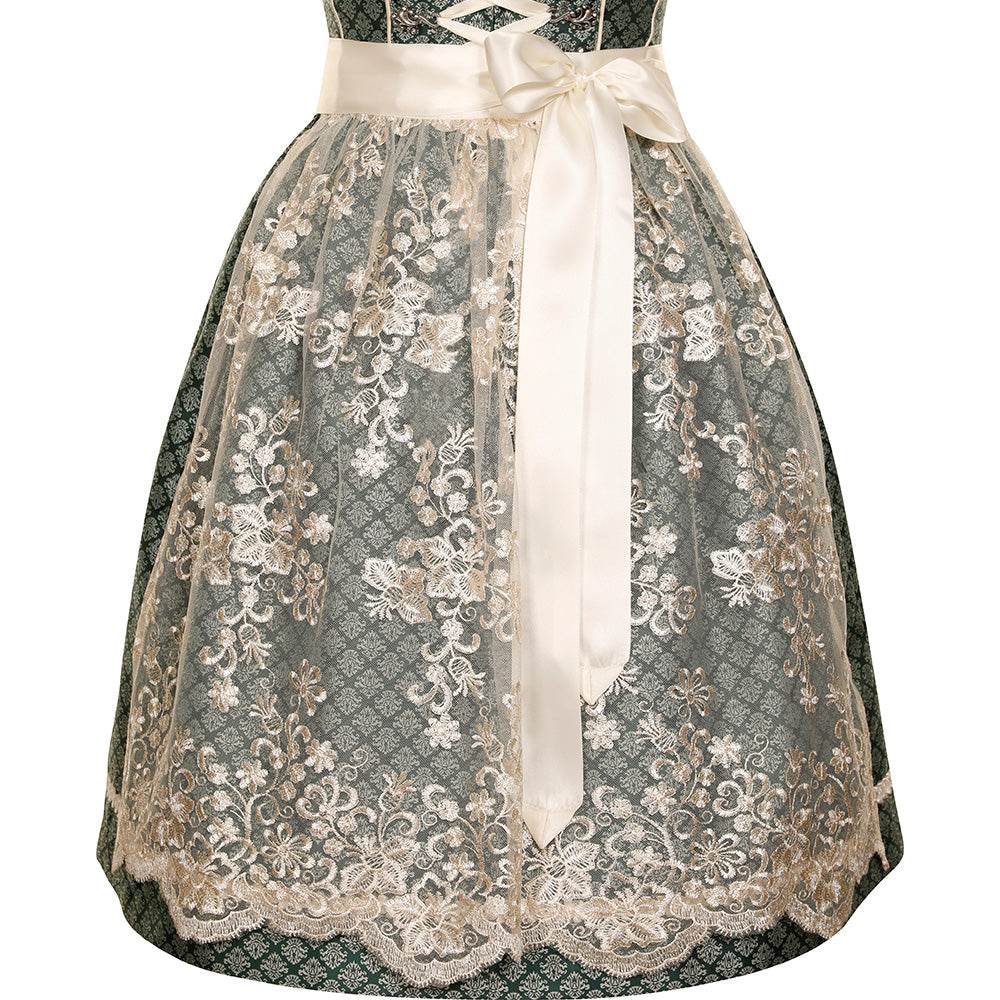 Modernes Dirndl in Smaragd mit Ornamentenmuster, cremefarbener Spitzenschürze, Mieder mit Reißverschluss, Schnürung und verziertem Ausschnitt.