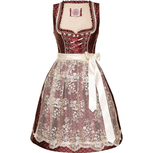 Modernes Dirndl in Beere mit Ornamentenmuster, cremefarbener Spitzenschürze, Mieder mit Reißverschluss, Schnürung und verziertem Ausschnitt.