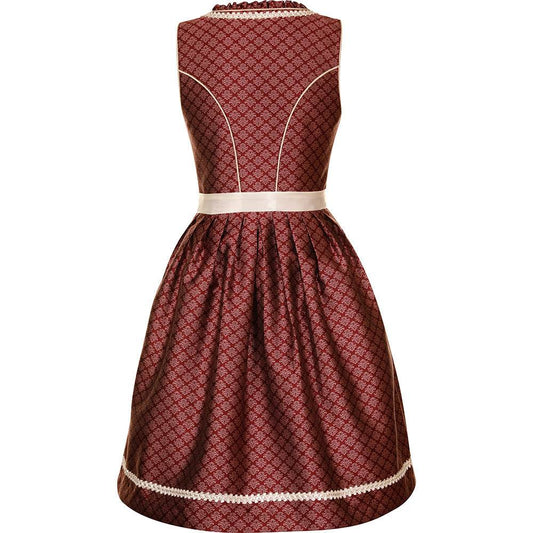 Modernes Dirndl in Beere mit Ornamentenmuster, cremefarbener Spitzenschürze, Mieder mit Reißverschluss, Schnürung und verziertem Ausschnitt.