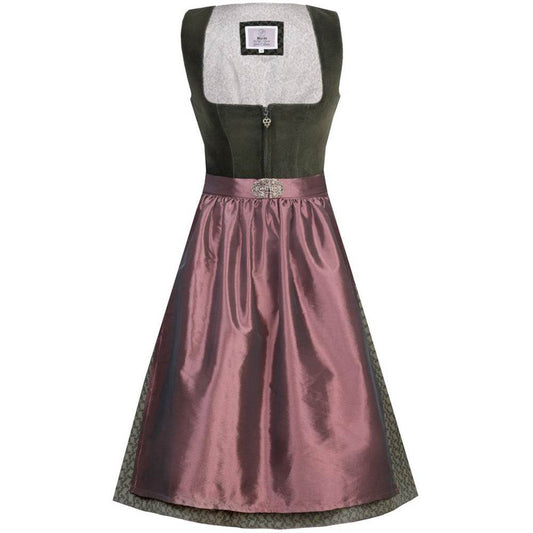 Zweiteiliges Dirndl mit grünem Samt-Mieder und einem dezent glänzenden, rosenholzfarbenen Rock. Das Mieder hat einen Reißverschluss vorne, die passende Schürze ist leicht schimmernd und harmonisch auf das Outfit abgestimmt.