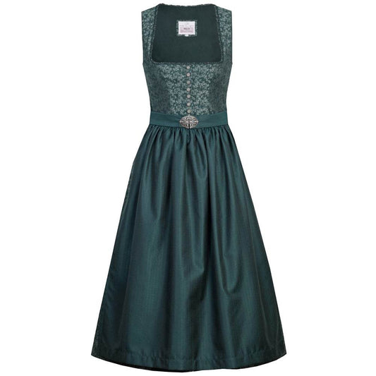 Elegantes zweiteiliges Dirndl in tannengrün mit floral gemustertem Mieder und dekorativer Knopfleiste. Die Schürze ist mit einer passenden Schließe versehen, die das Gesamtbild stilvoll abrundet.