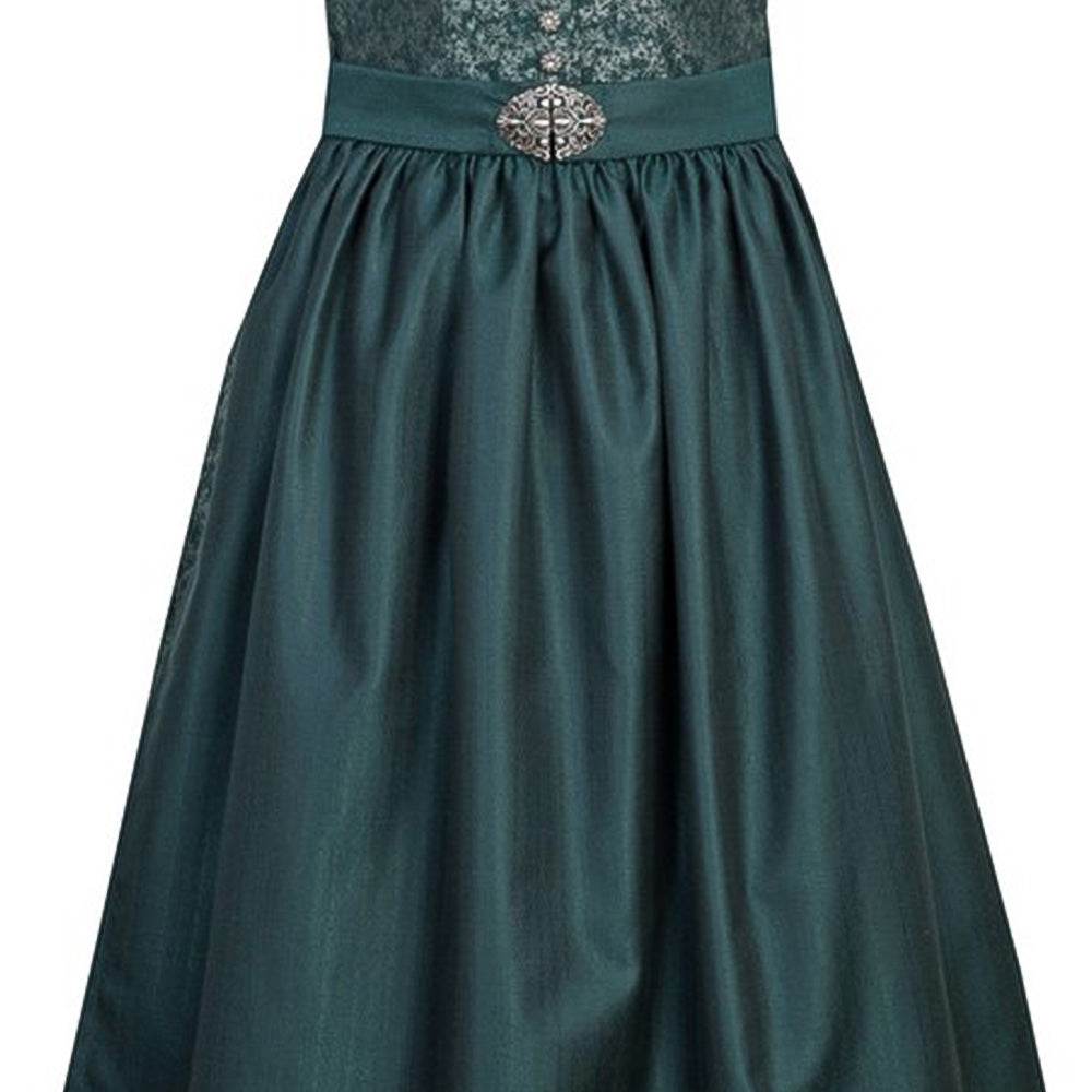 Elegantes zweiteiliges Dirndl in tannengrün mit floral gemustertem Mieder und dekorativer Knopfleiste. Die Schürze ist mit einer passenden Schließe versehen, die das Gesamtbild stilvoll abrundet.
