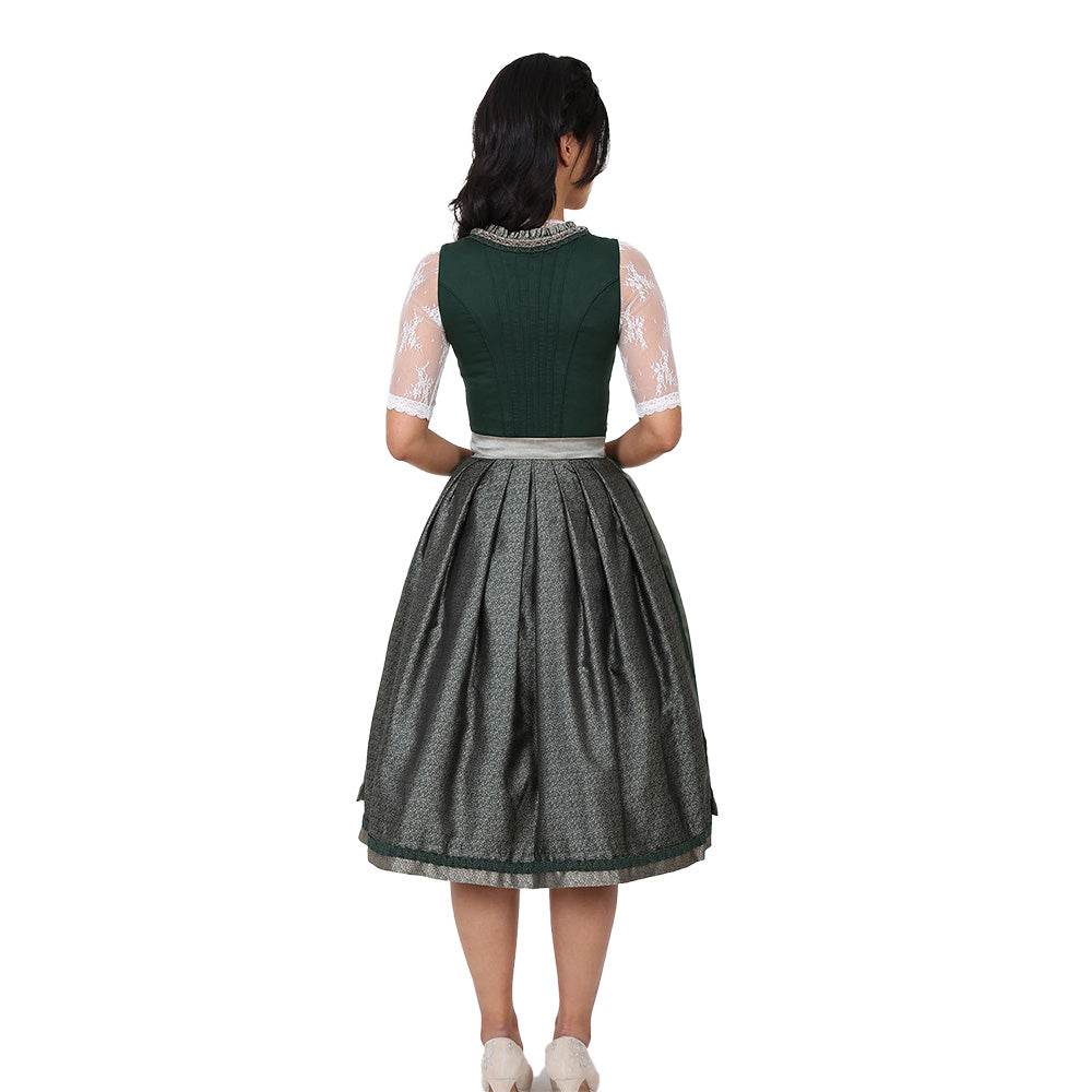 Zweiteiliges Dirndl in Dunkelgrün mit besonderem Mieder ohne Schnürung und mittigem Reißverschluss, Rock mit feinem Ornamentenmuster und schlichter, transparenter Organzaschürze mit unterlegtem Kontraststoff.