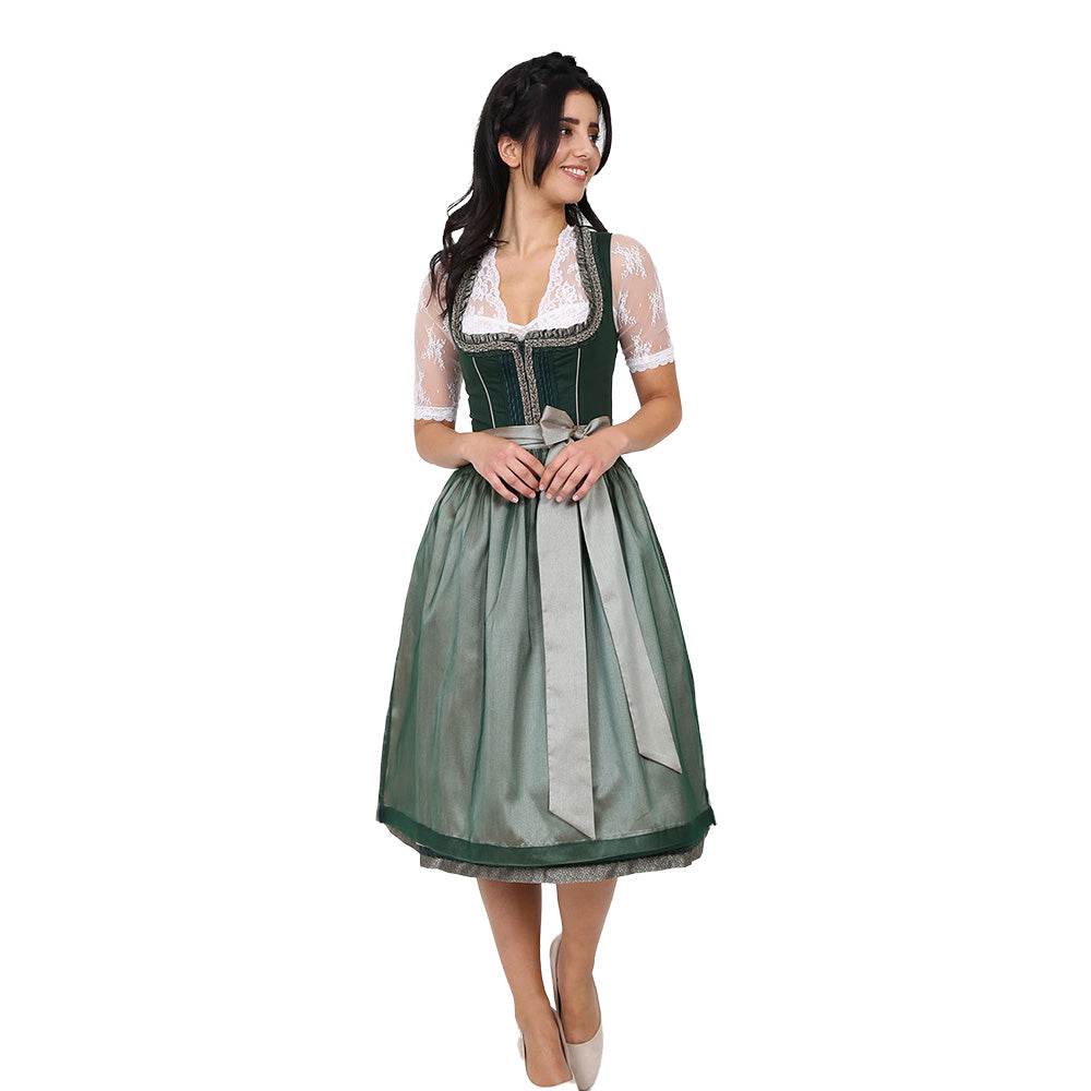 Zweiteiliges Dirndl in Dunkelgrün mit besonderem Mieder ohne Schnürung und mittigem Reißverschluss, Rock mit feinem Ornamentenmuster und schlichter, transparenter Organzaschürze mit unterlegtem Kontraststoff.