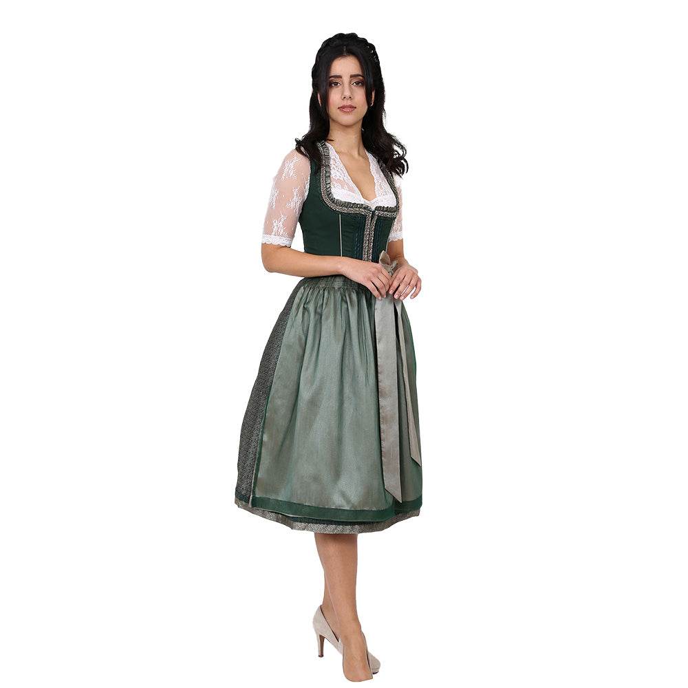 Zweiteiliges Dirndl in Dunkelgrün mit besonderem Mieder ohne Schnürung und mittigem Reißverschluss, Rock mit feinem Ornamentenmuster und schlichter, transparenter Organzaschürze mit unterlegtem Kontraststoff.