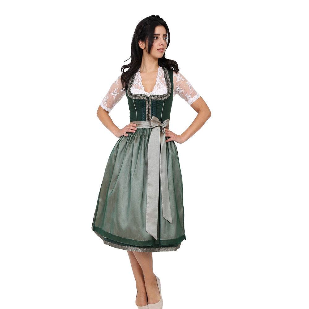 Zweiteiliges Dirndl in Dunkelgrün mit besonderem Mieder ohne Schnürung und mittigem Reißverschluss, Rock mit feinem Ornamentenmuster und schlichter, transparenter Organzaschürze mit unterlegtem Kontraststoff.