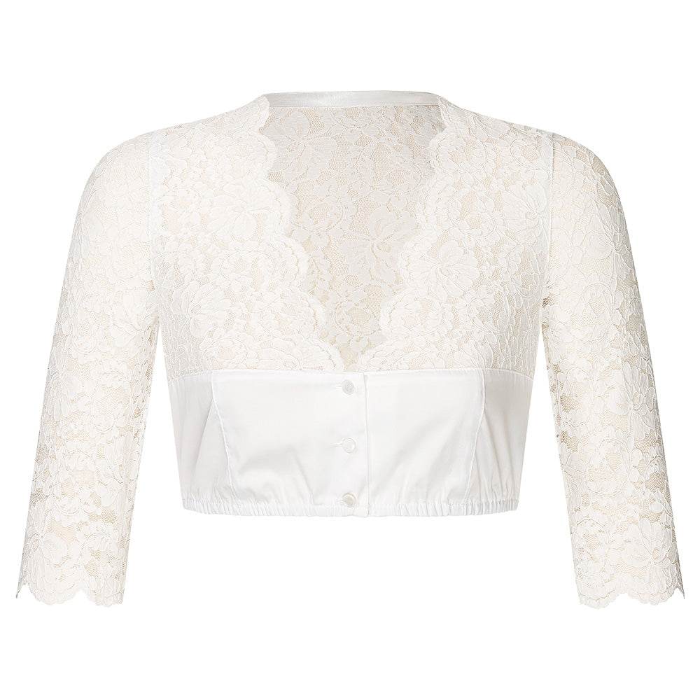 Dirndlbluse in Creme mit 3/4-Arm, V-Ausschnitt und eleganter Kombination aus transparenter Spitze am Oberteil und festem Stoff im unteren Bereich. Die Bluse ist vorne geknöpft.