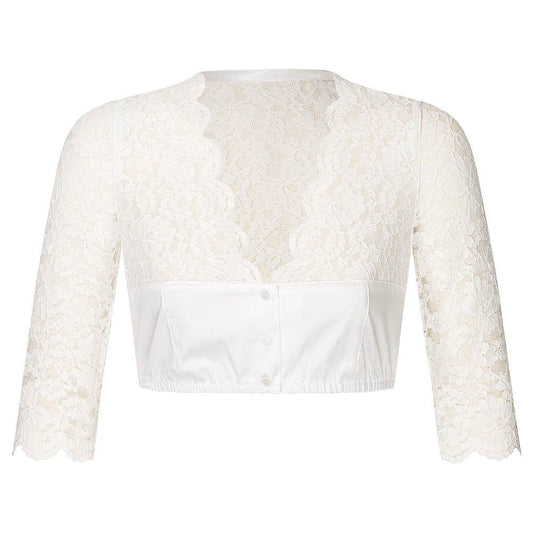 Dirndlbluse in Creme mit 3/4-Arm, V-Ausschnitt und eleganter Kombination aus transparenter Spitze am Oberteil und festem Stoff im unteren Bereich. Die Bluse ist vorne geknöpft.